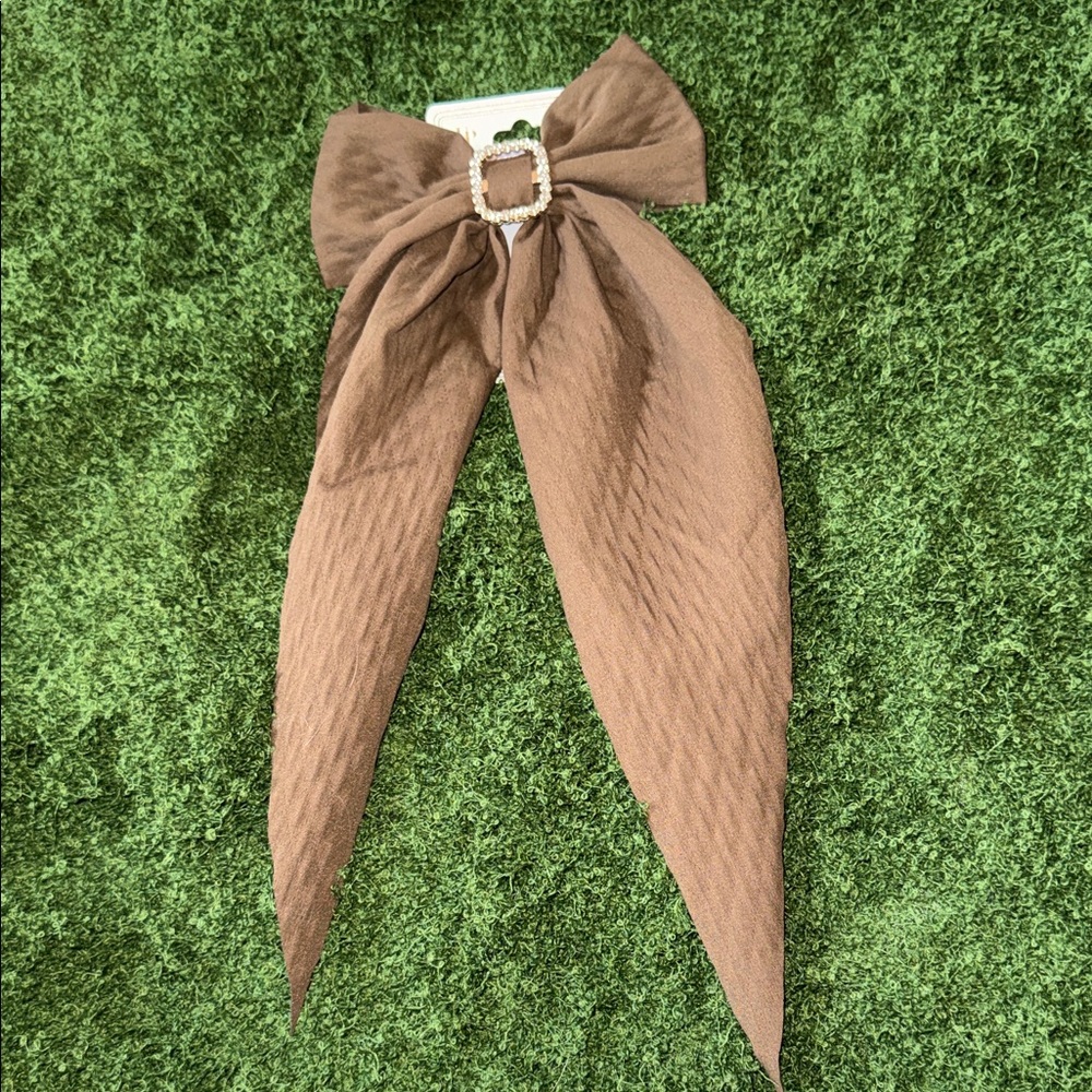BOWS 4 LYME! 🎀💚 Chic Quilted Brown Hair Bow Clip with Gold Rhinestone Buckle